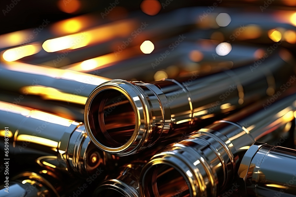 Naklejka premium Abstract chrome pipes composition. Industry themed background with shiny metallic connected pipes.