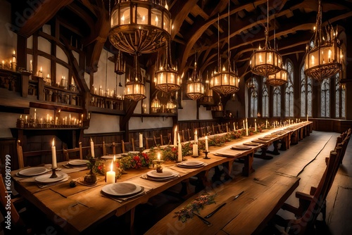 A medieval-style dining hall with a long wooden table and candlelit chandeliers.