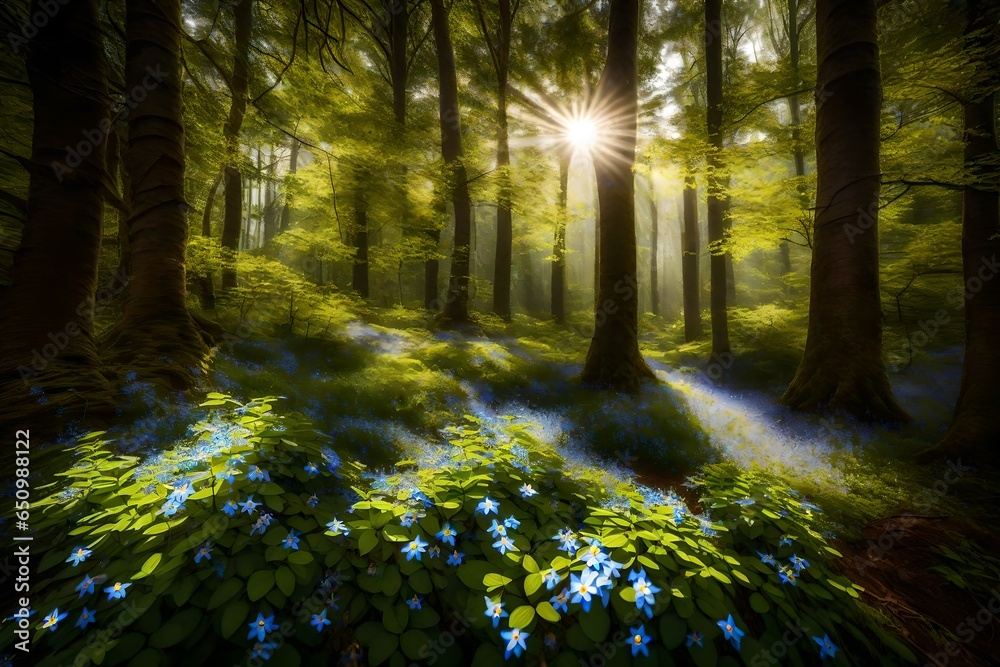 Fototapeta premium A sunbeam filtering through a dense forest canopy, illuminating a cluster of forget-me-nots.