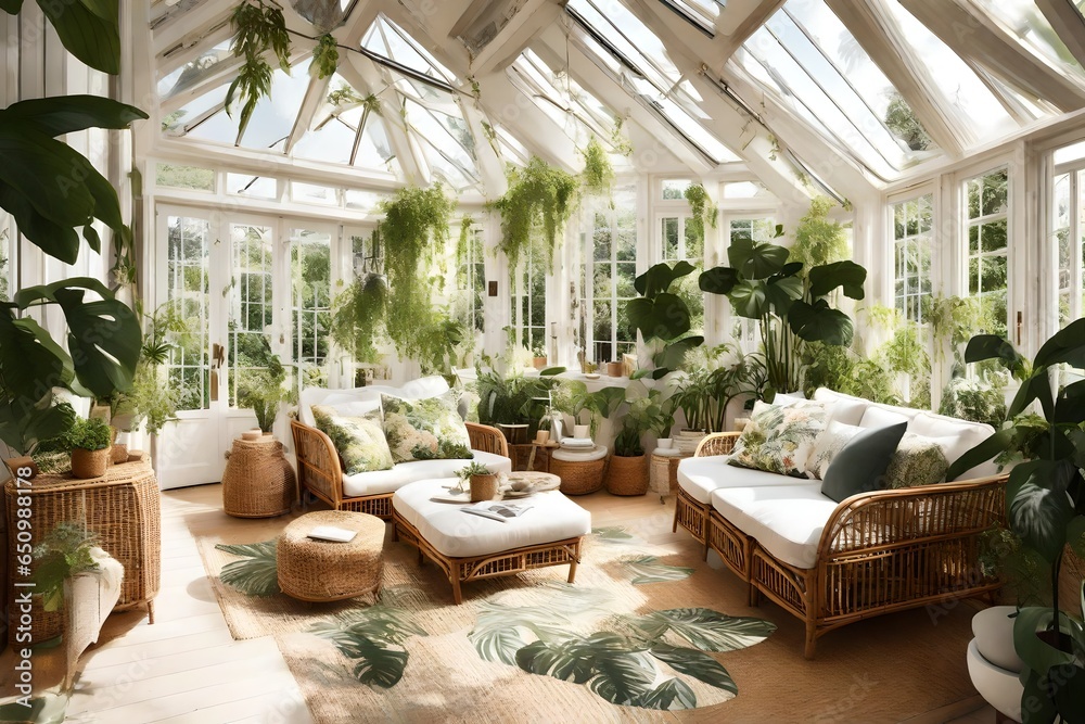 A sun-drenched conservatory with botanical prints, rattan furniture, and hanging plants.