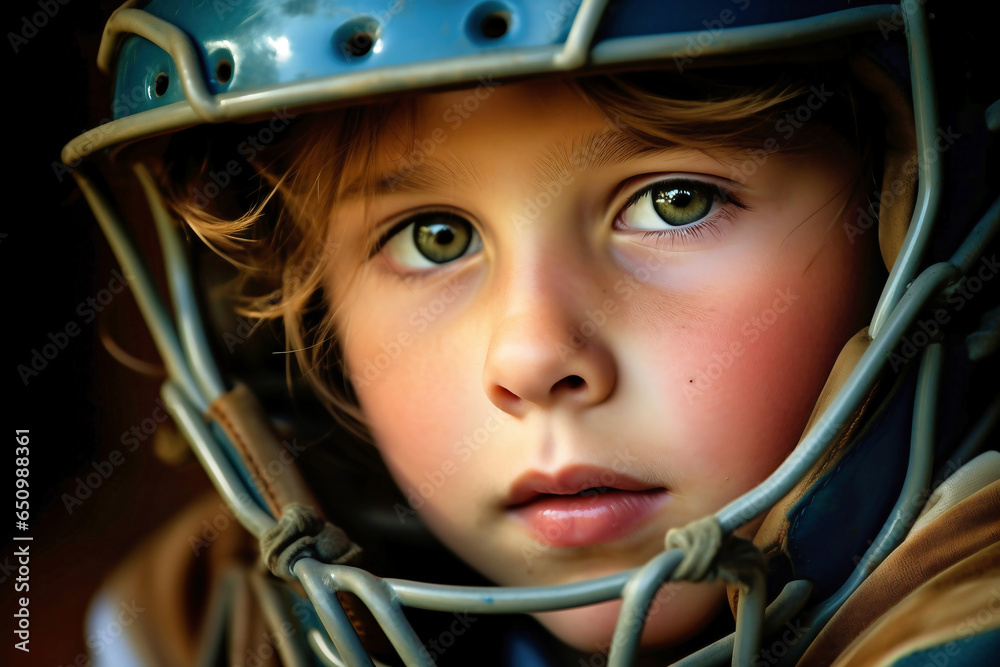 Photo of a child wearing a protective baseball helmet up close Photo of a child wearing a protective baseball helmet up close