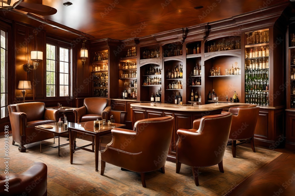 An upscale cigar lounge with leather armchairs, a humidor, and a mahogany bar.
