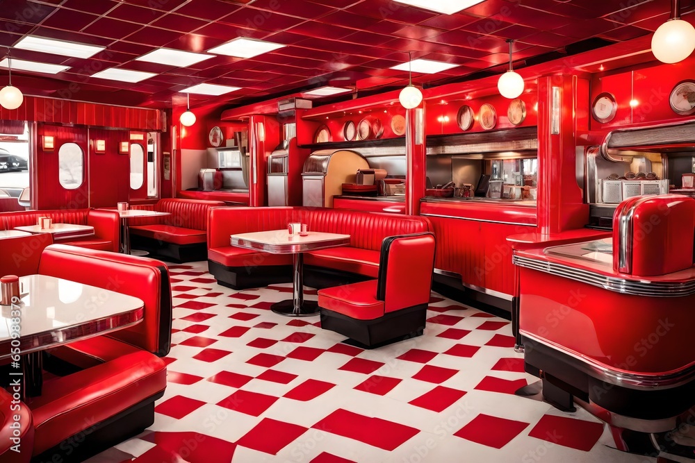 Fototapeta premium A retro 1950s diner with red vinyl booths and a jukebox.
