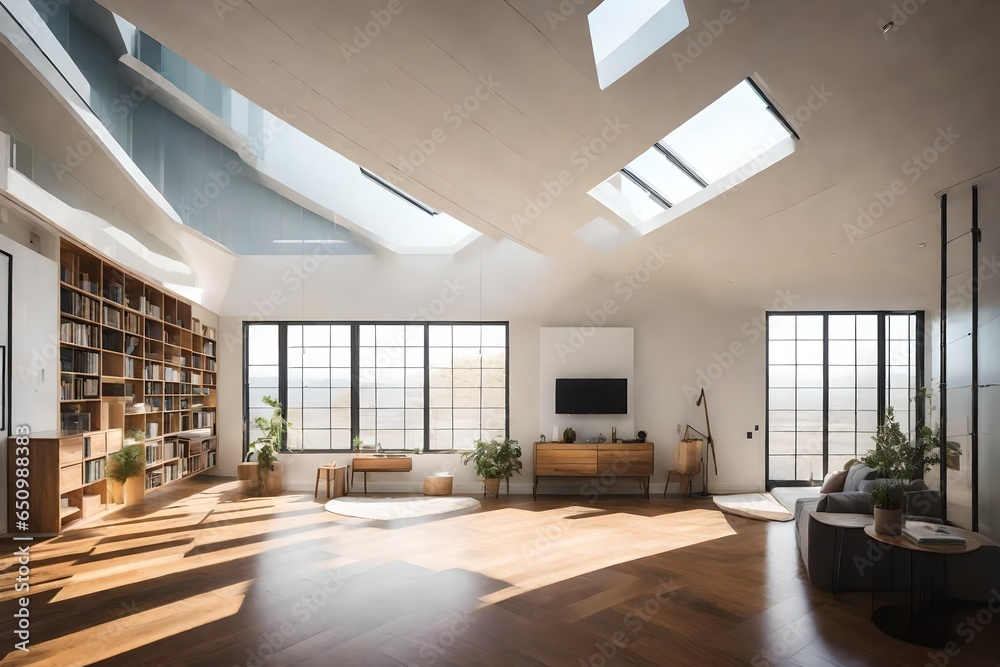 Fototapeta premium Explain the use of natural light and skylights to brighten the interior.