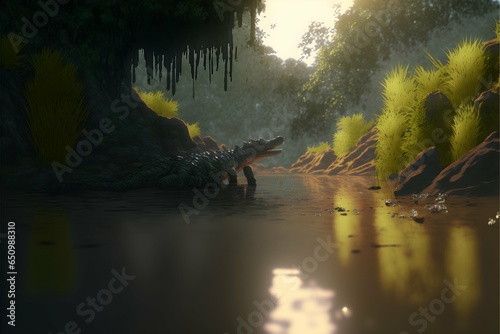 crocodile in the river35mm rated PG13 big budget movie screen grab sunset lighting octane render HD photographic quality unreal engine render postproduction movie still 8k resolution 
