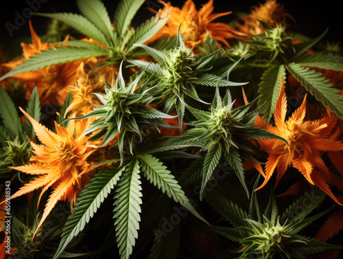 Vibrant Exotic Cannabis with Leaves and Buds on Orange Colors  Long Banner of Marijuana Plants. Beautiful Tropical Cannabis Background. New Look on Agricultural Strain of Hemp.