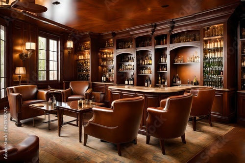 An upscale cigar lounge with leather armchairs, a humidor, and a mahogany bar. photo