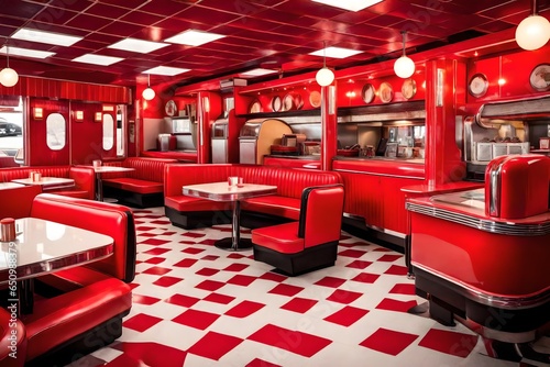 A retro 1950s diner with red vinyl booths and a jukebox.