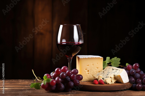 Photo of a rustic wine and cheese spread on a wooden table