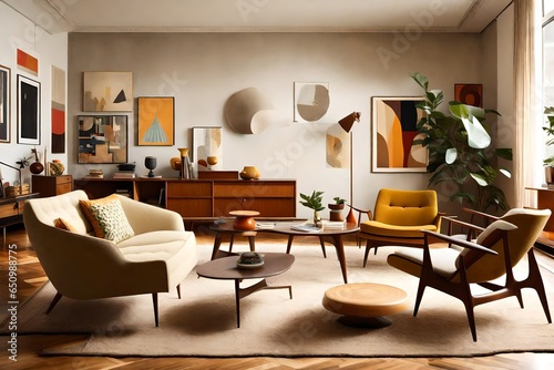 A mid-century modern living room with iconic furniture pieces and retro decor.