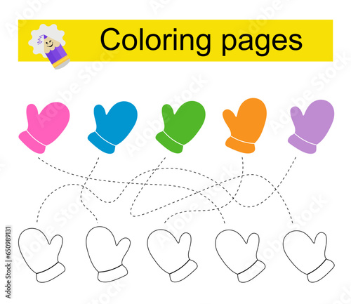 Educational game for children. Go through the maze and color a mitten according to the pattern.