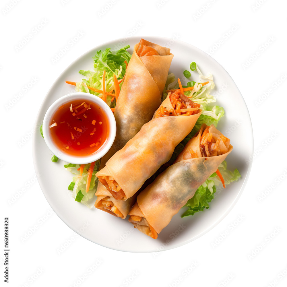 top view of chinese food Spring Rolls isolated on a white transparent background