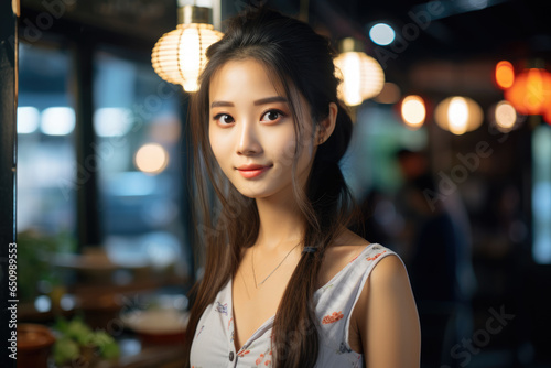 Beautiful young woman standing in restaurant. This image can be used to showcase stylish and elegant dining experience.