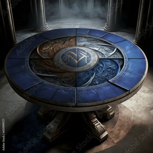 Esports logo round table spectral surrondings encompassed by roman numerals blue metal stone wood empty circle in the center of table  photo