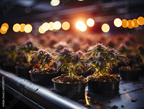 Premium Cannabis Plants Prepped for Harvest: Commercial Cannabis Cultivation in a Greenhouse. © cendeced