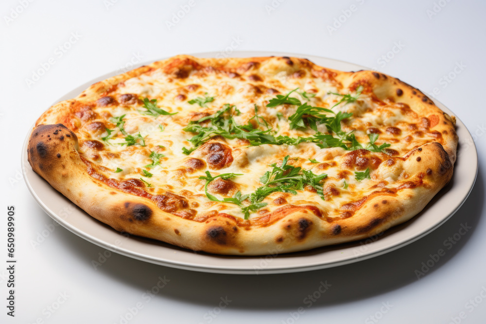 Delicious pizza topped with melted cheese on white plate. This image can be used to showcase mouthwatering pizza or to illustrate food and dining concepts.