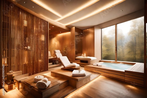 A luxurious spa room with a sauna  a steam shower  and a relaxation area.