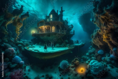 A surreal underwater world with bioluminescent creatures, coral castles, and an otherworldly glow.