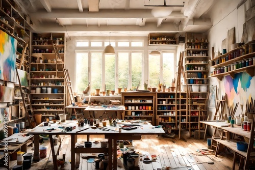 An artist's studio with natural light, an expansive canvas, and shelves of colorful paints. © AQ Arts