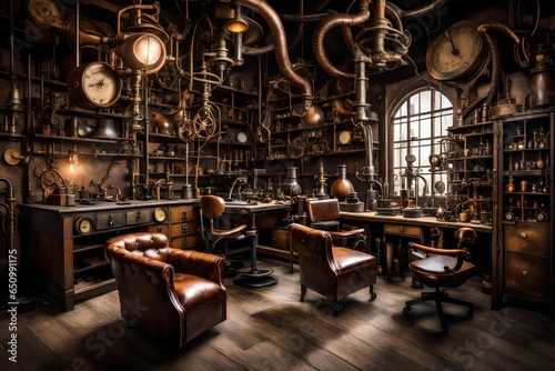A steampunk laboratory with vintage equipment and leather armchairs.