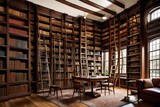 A vintage library with floor-to-ceiling bookshelves and a rolling ladder.