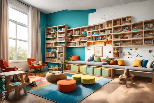 A children's playroom with vibrant colors, wall-mounted games, and a cozy reading corner. © AQ Arts