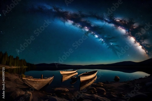A stunning view of the Milky Way galaxy over a calm, reflective lake.