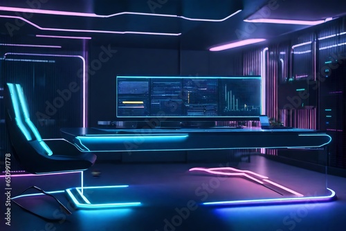 A high-tech home office with a futuristic desk and interactive digital displays.