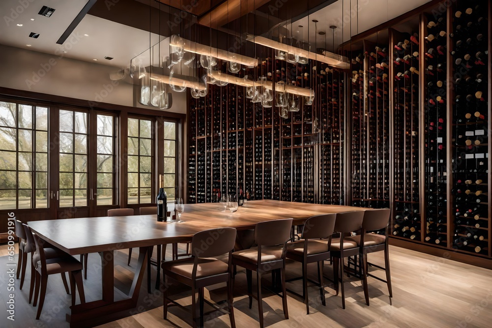 A contemporary wine tasting room with a glass wall showcasing an extensive wine collection.
