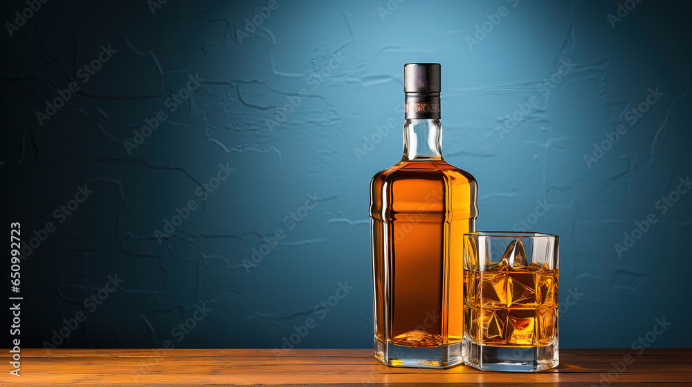 Background with whiskey bottle and glass, empty copy space, wallpaper