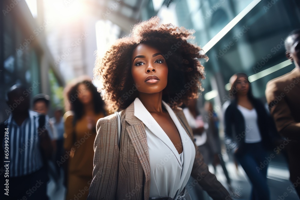 African Businesswoman Walking in Modern City, Beautiful Woman Walks on a Crowded Pedestrian Street, Business Manager Surrounded by Blur People on Busy Street. - obrazy, fototapety, plakaty 