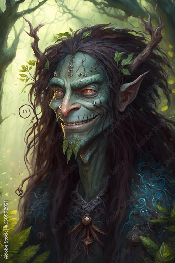 the prettiest goblin man in the forest long hair cheeky smile beautiful ornate 