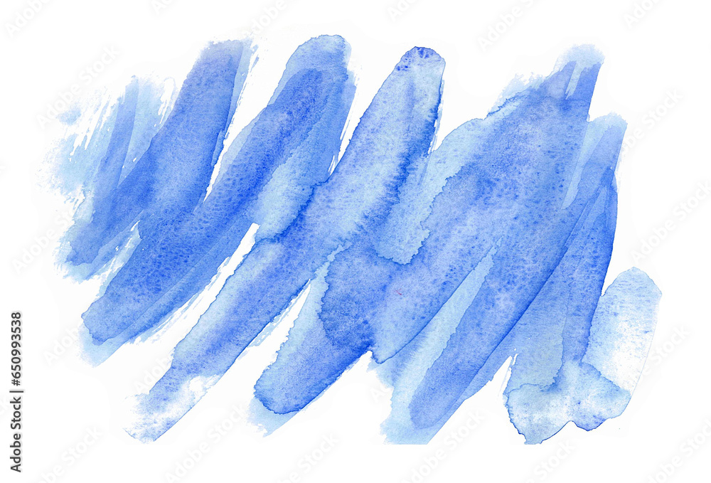 Watercolor blur of blue color on white background. It has the shape of a zigzag chaotically drawn with a brush. Soft and gentle tones. Abstraction.
