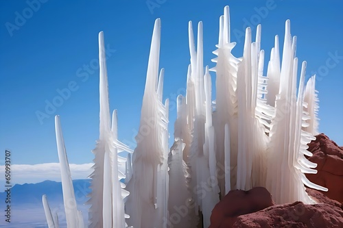 Penitentes: Uniquely-shaped ice formations resembling tall, thin spikes or blades, often found at high altitudes in the Andes Mountains due to a combination of sun and wind erosion. Generative ai photo