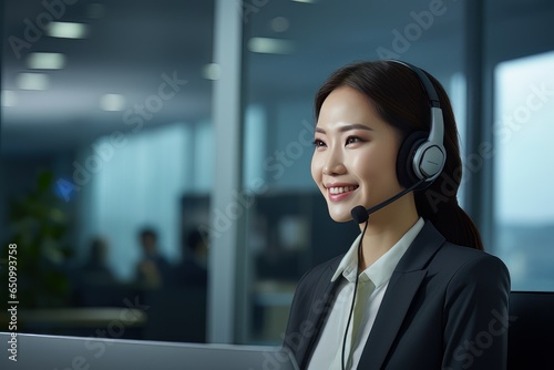 Portrait of a Beautiful Asian Customer Service Operator, Call Center Worker Talking Through Headset with Customer in Modern Office.
