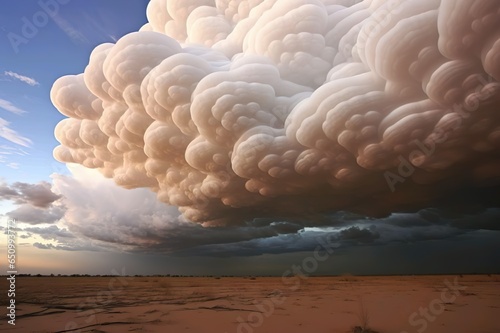 Mammatus Clouds: These rare cloud formations look like pouches or bubbles hanging beneath other clouds. They often occur in association with severe thunderstorms. Generative ai photo