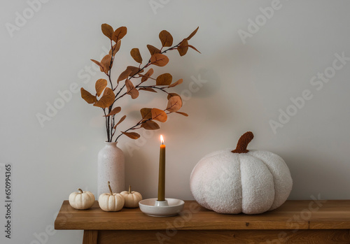 Autumn decor on an oak table. A vase with autumn branches, decorative baby pumpkins, a pumpkin pillow, a lit candle. Minimalism style interior