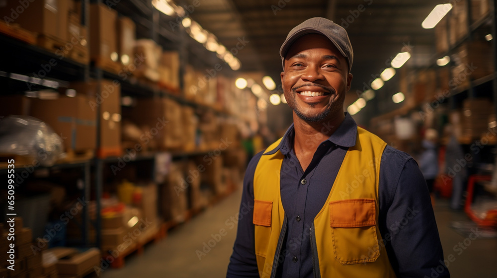Portrait of middle aged warehouse worker standing in large warehouse distribution center. In background shelves with goods. Portrait of middle aged warehouse worker standing in large warehouse distribution center. In background shelves with goods.