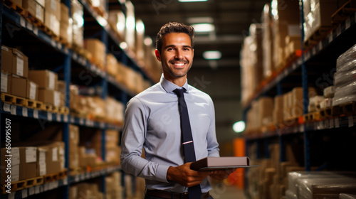 Logistics worker. Man working in a large distribution warehouse. photo