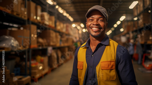 Portrait of middle aged warehouse worker standing in large warehouse distribution center. In background shelves with goods. photo
