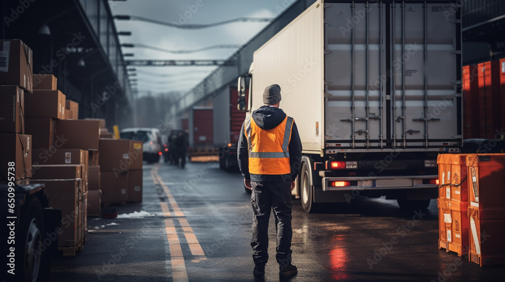 Fototapeta premium Semi Trailer Trucks on Parking at Distribution Warehouse with The Sunset. Truck Wheels Tires. Auto Service Shop. Shipping Trucks. Lorry Tractor. Industry Freight Trucks Logistics Cargo Transport