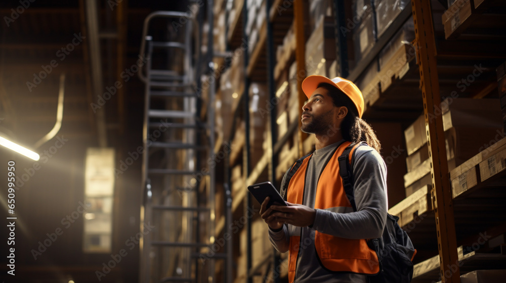 Logistics worker. Man working in a large distribution warehouse. Logistics worker. Man working in a large distribution warehouse.