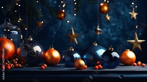 Christmas baubles with lights on dark background. Christmas decoration on the dark background. New Year and Christmas concept. Colorful christmas baubles hanging on a dark background.