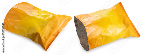 Empty Foil and plastic snack bags mockup isolated on white background, Yellowl pillow packages for food production, snack wrappers on White Background With clipping path.