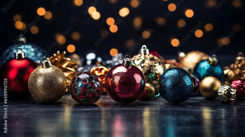 Christmas baubles with lights on dark background. Christmas decoration on the dark background. New Year and Christmas concept. Colorful christmas baubles hanging on a dark background. Christmas baubles with lights on dark background. Christmas decoration on the dark background. New Year and Christmas concept. Colorful christmas baubles hanging on a dark background.