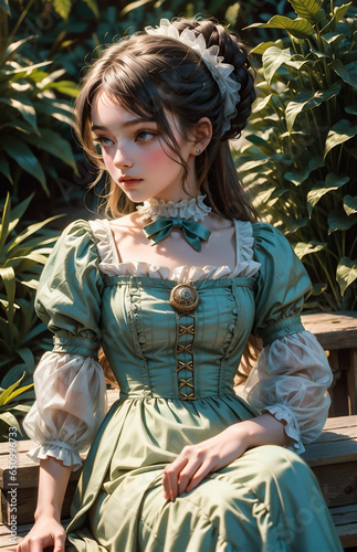Historical of the Victorian era. Portrait of an elegant woman in vintage dress and hairdo reading a book in her library. Baroque era.