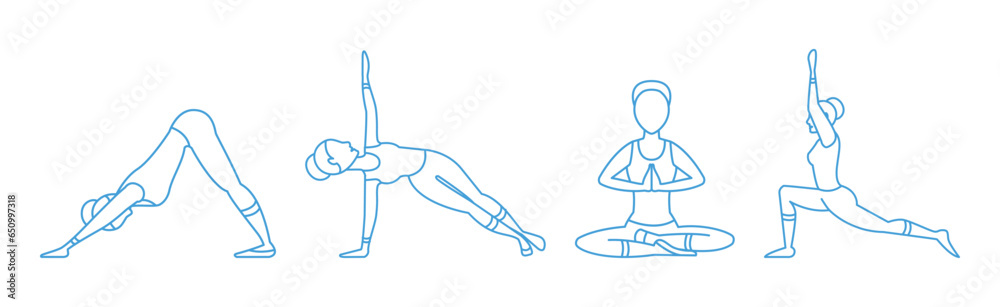 Woman Yoga Pose Line Icon for Body Stretching Exercises Vector Set - obrazy, fototapety, plakaty 