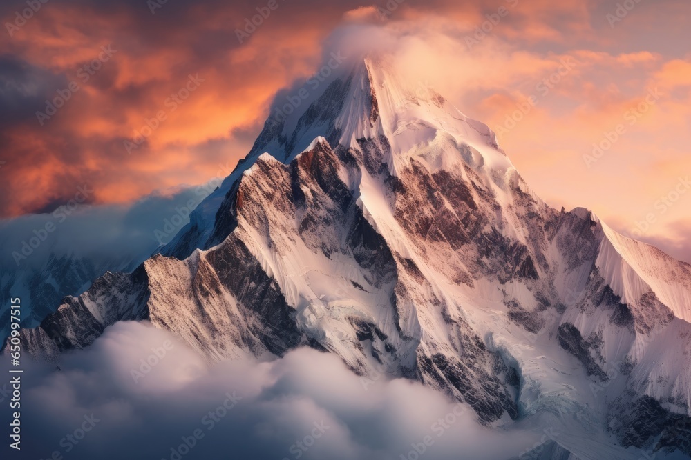 Mountain top covered with snow and shrouded in clouds at dawn