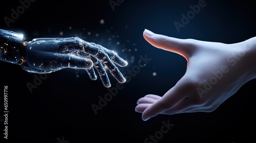 The human finger delicately touches the finger of a robot's metallic finger. Concept of harmonious coexistence of humans and AI