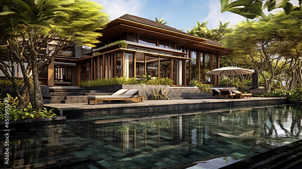 Villa in Bali, Indonesia, with a pool and forest view, generated by AI